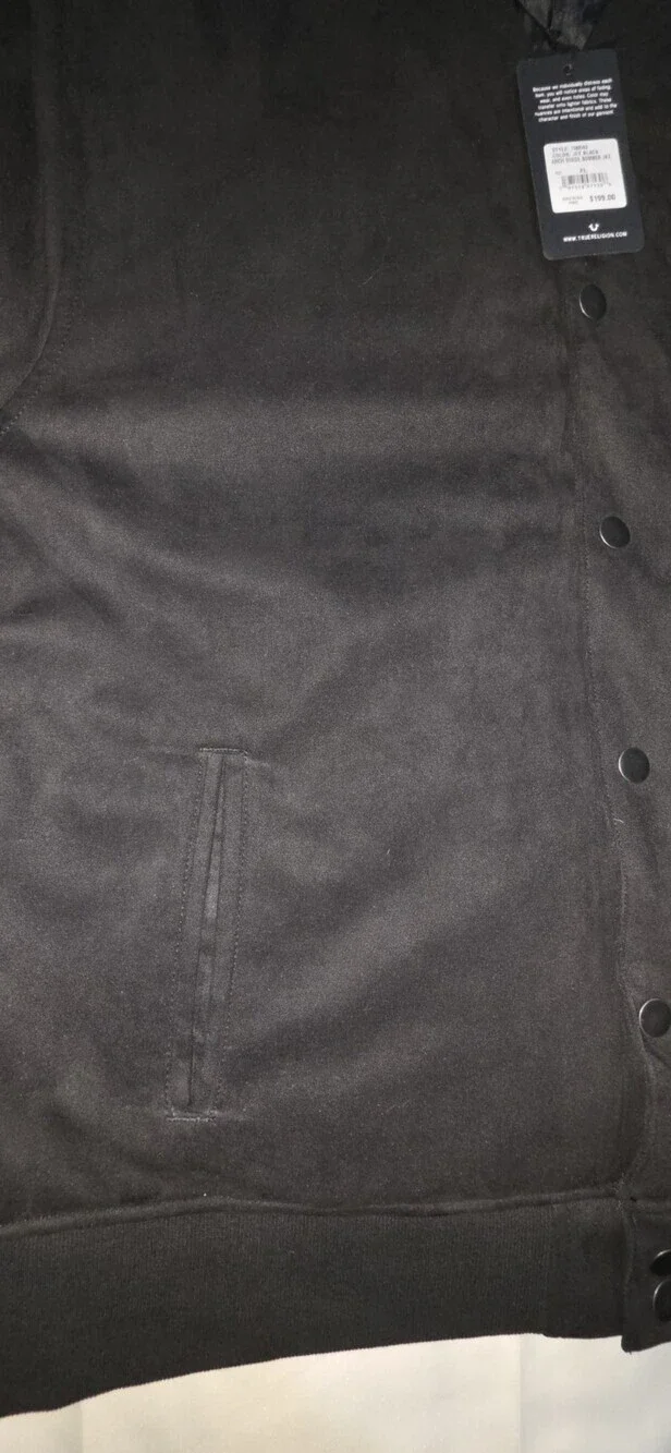 True Religion Men's Arch Suede Bomber Jacket XL with Button-Up Closure Black